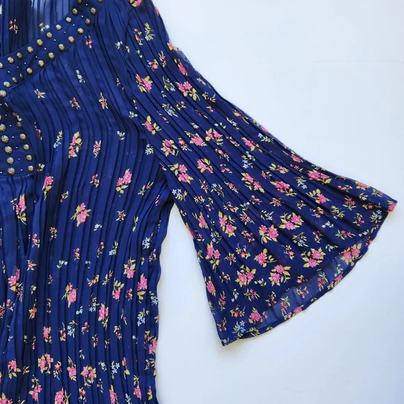 Woman Within Sheer Pleated Blouse Top Floral Print Navy Blue Pink Plus Large 18 - Picture 10 of 16